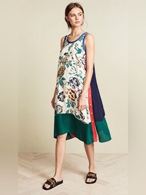 Tory Burch Floral Colorblock Midi Dress Size M Botanical Sleeveless Shift